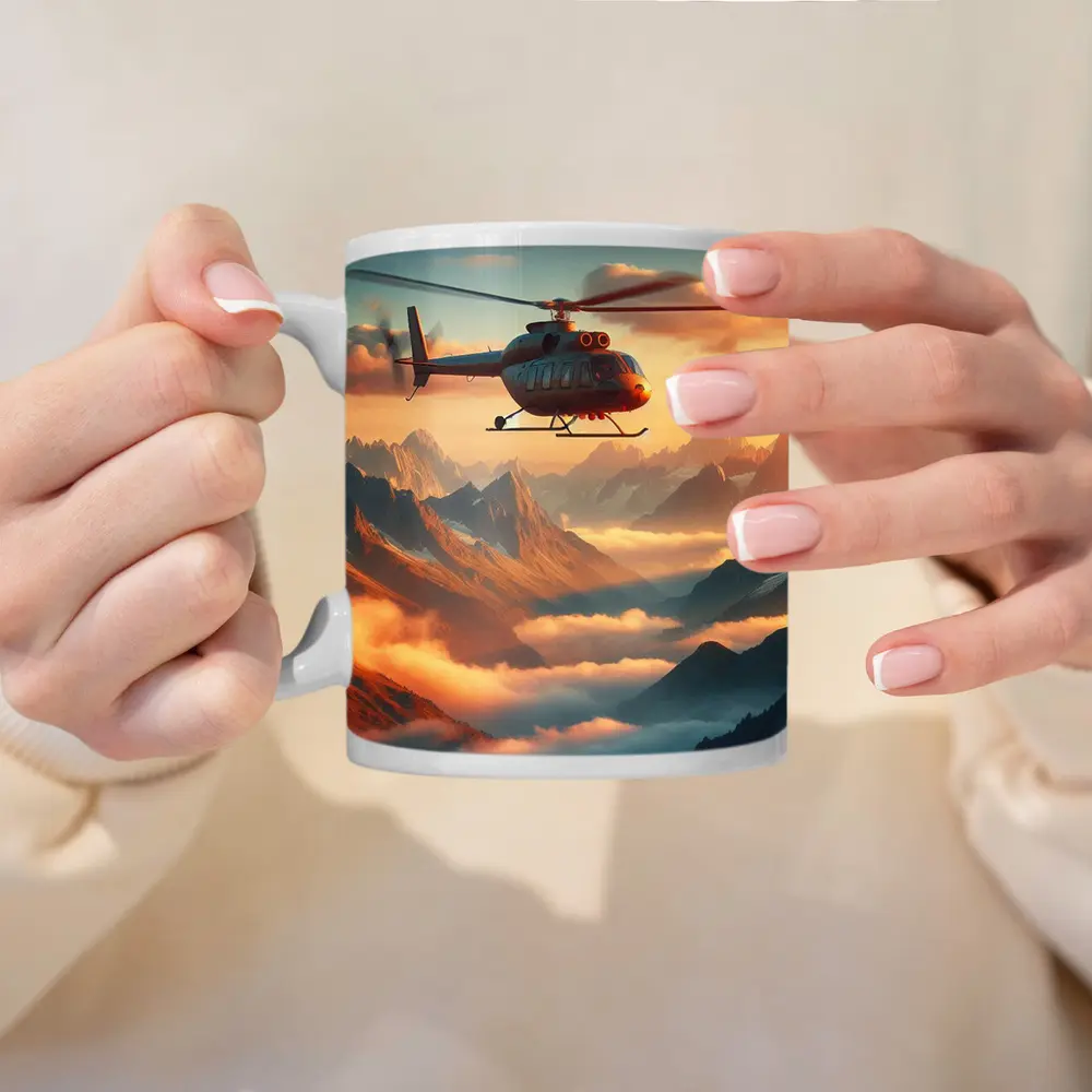 Helicopter Flying Over Misty Mountain Sunset – Mugs