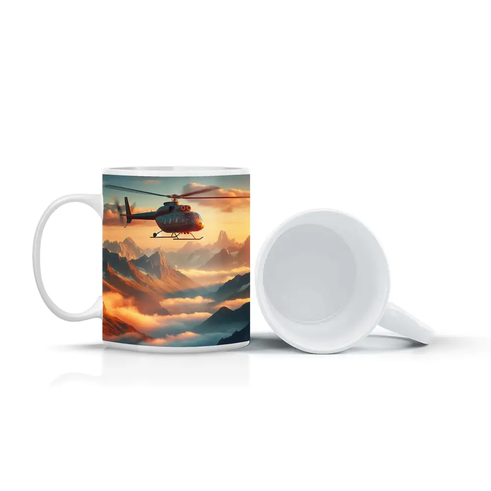 Helicopter Flying Over Misty Mountain Sunset – Mugs