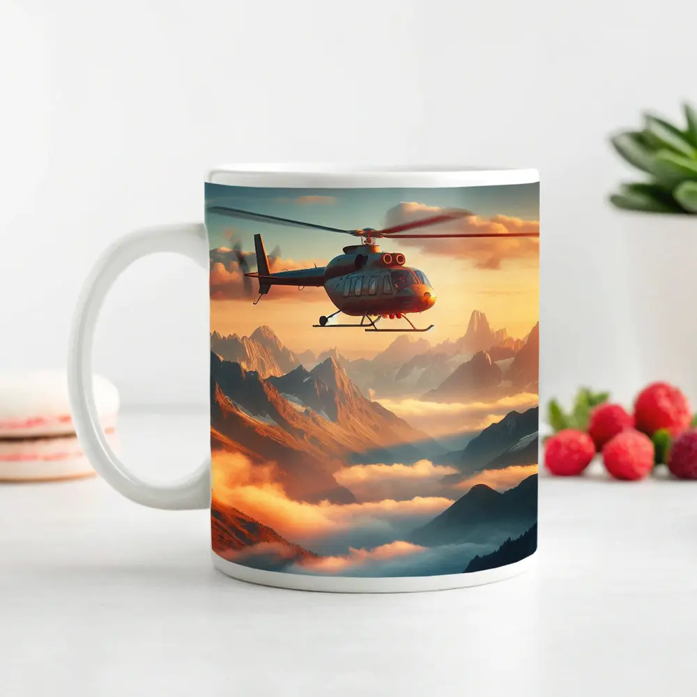 Helicopter Flying Over Misty Mountain Sunset – Mugs