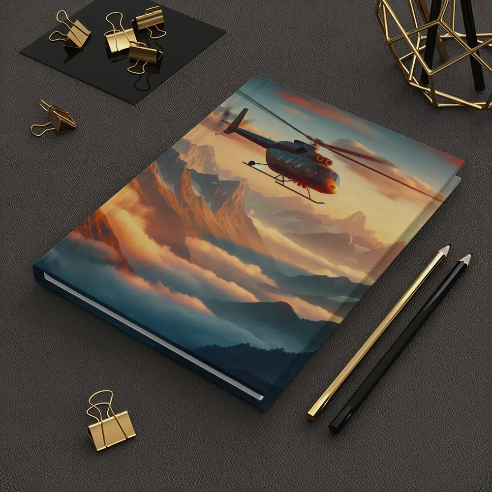 Helicopter Flying Over Misty Mountain Sunset – Notebooks