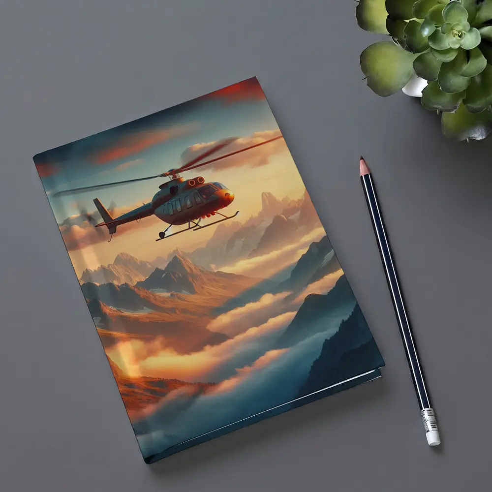 Helicopter Flying Over Misty Mountain Sunset – Notebooks