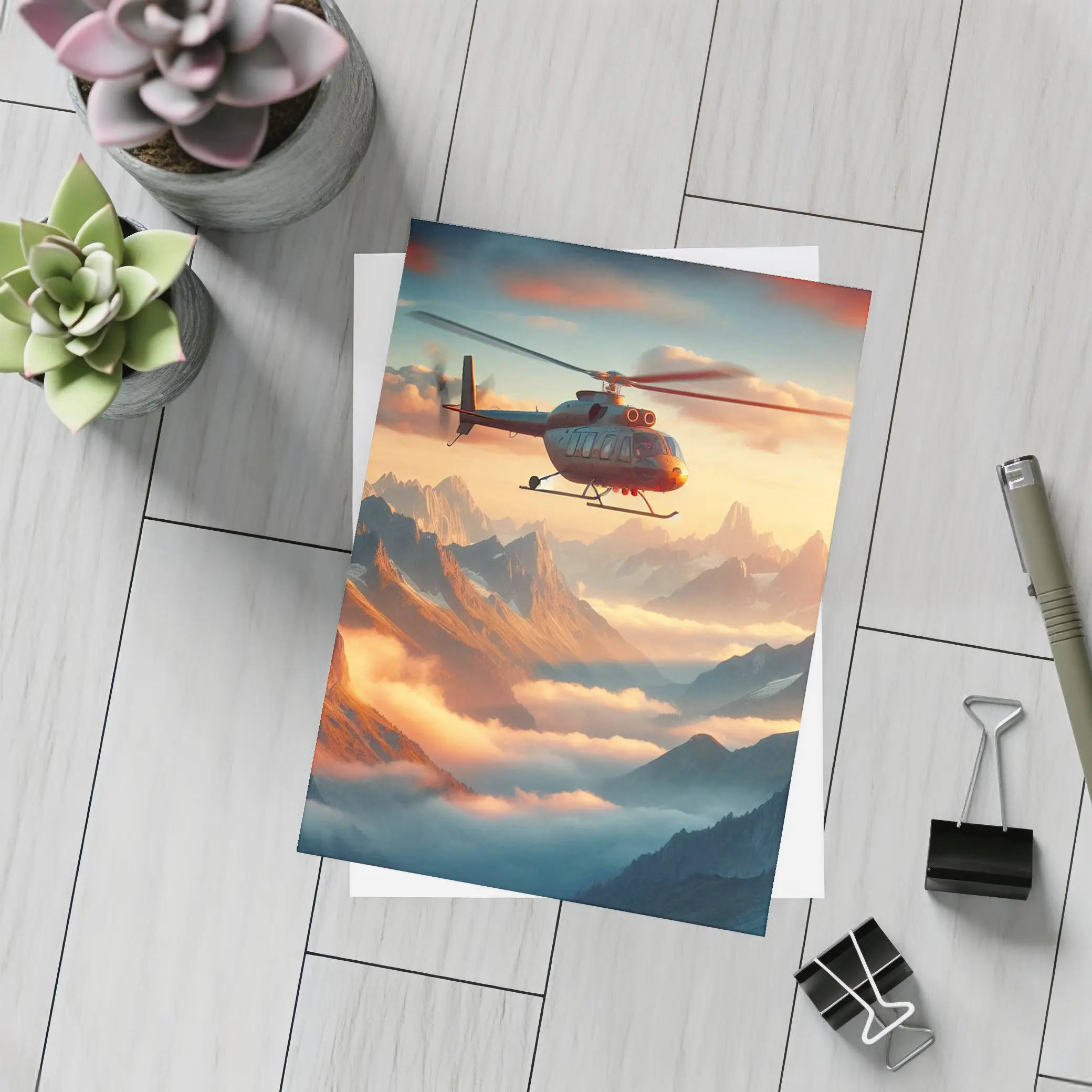 Helicopter Flying Over Misty Mountain Sunset – Postcards
