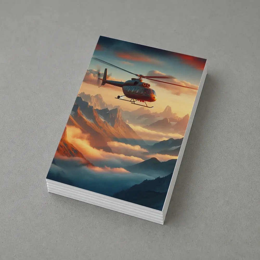 Helicopter Flying Over Misty Mountain Sunset – Postcards