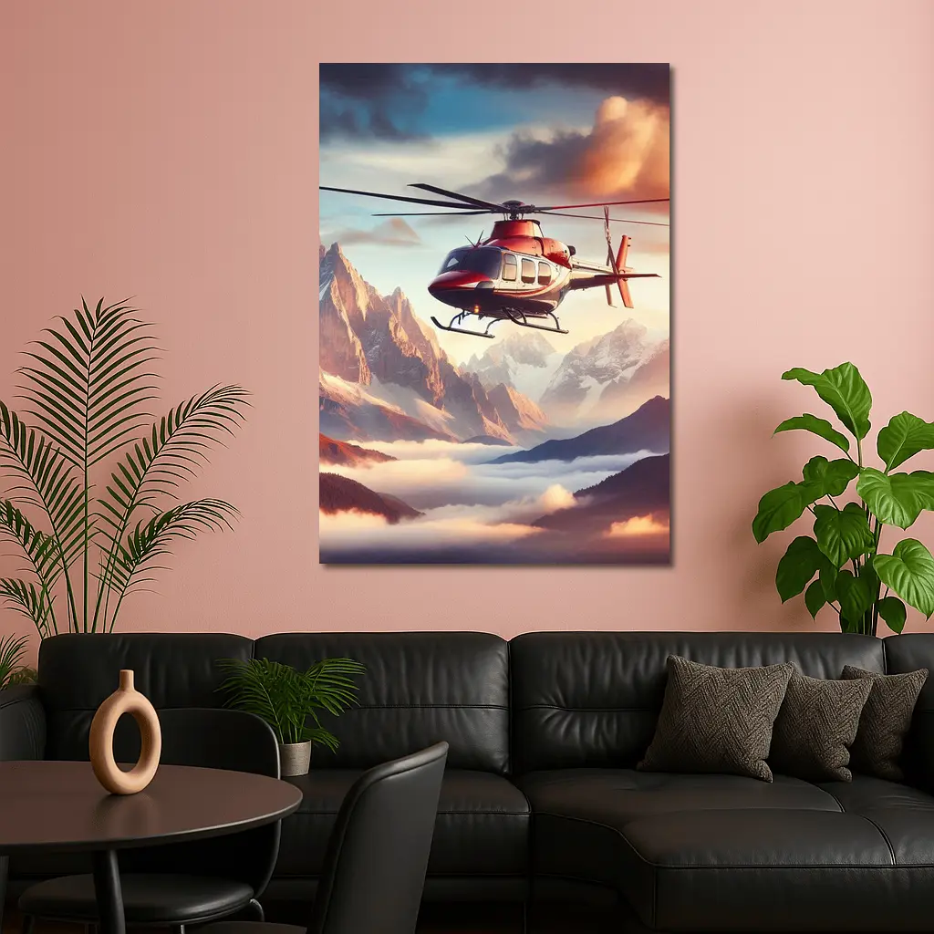 Red Helicopter Flying Over Mountain Peaks – Wall Art