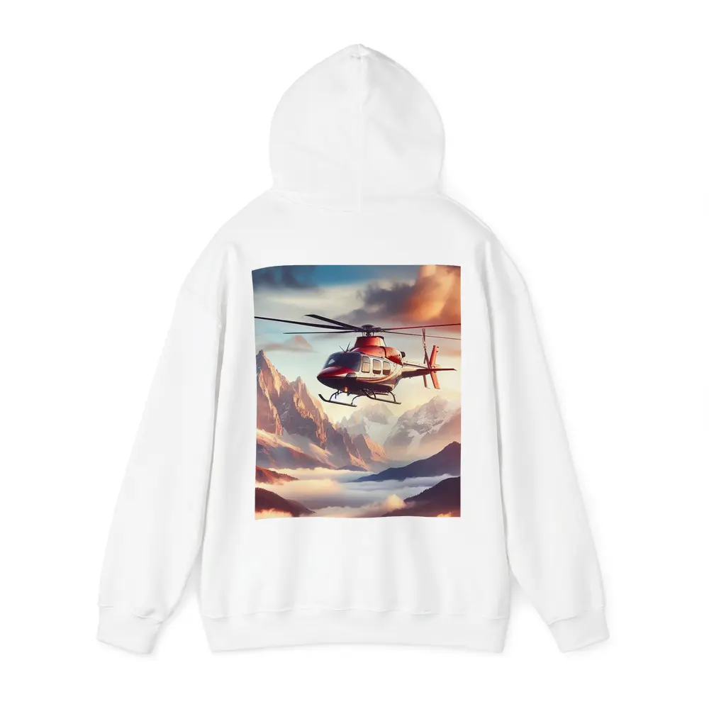 Red Helicopter Flying Over Mountain Peaks – Hoodies