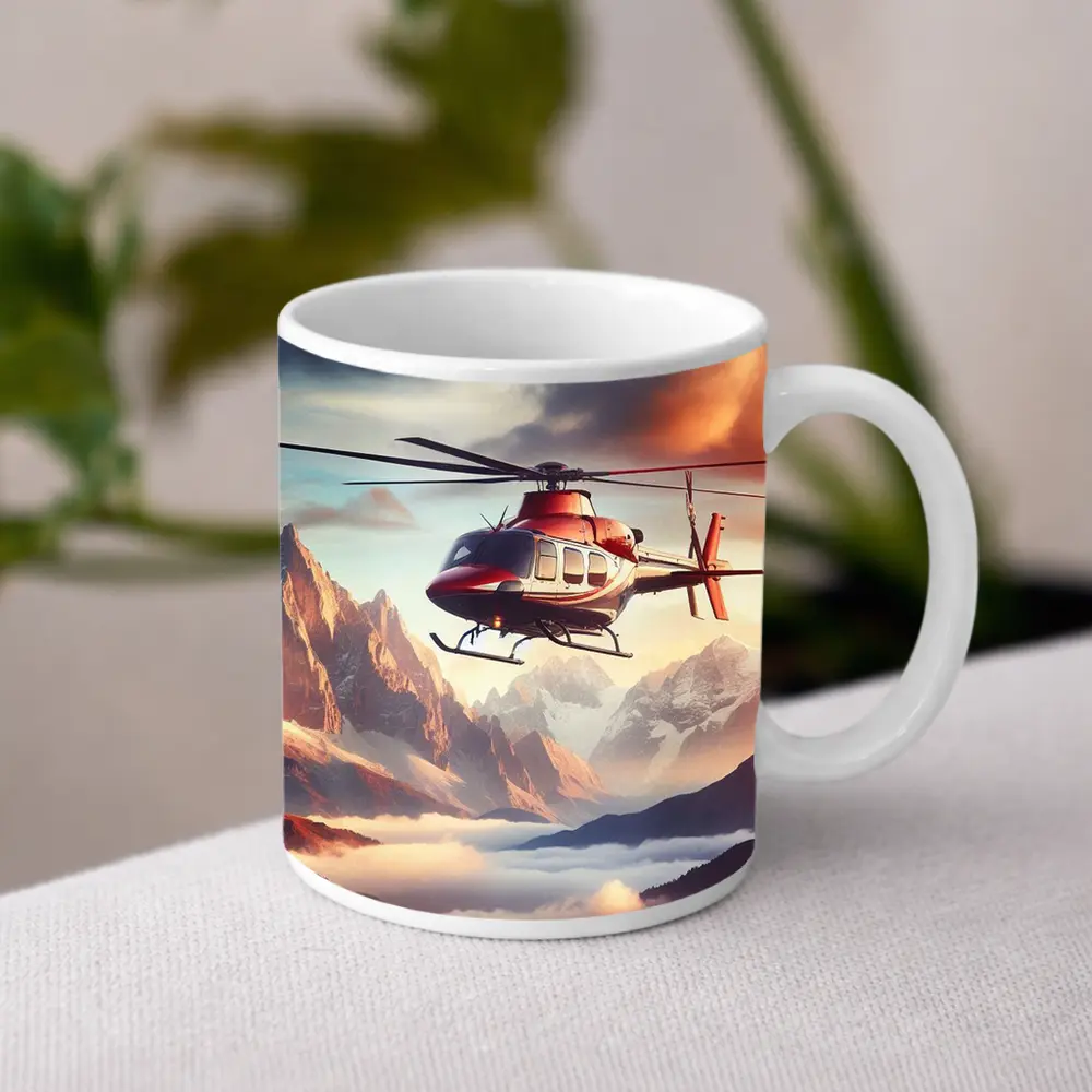 Red Helicopter Flying Over Mountain Peaks – Mugs