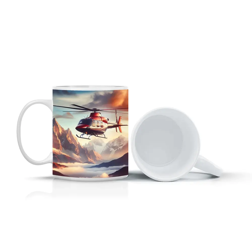 Red Helicopter Flying Over Mountain Peaks – Mugs