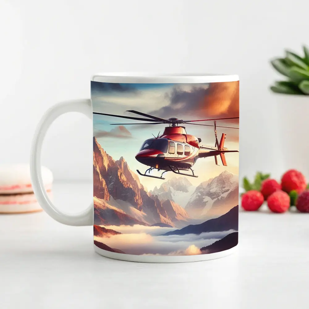 Red Helicopter Flying Over Mountain Peaks – Mugs