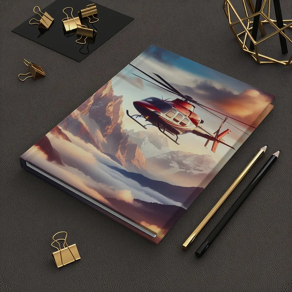 Red Helicopter Flying Over Mountain Peaks – Notebooks