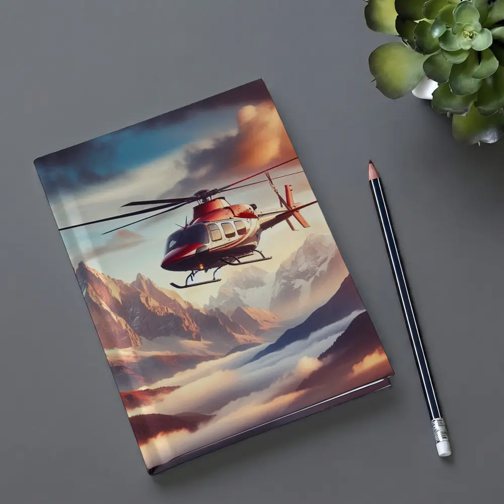 Red Helicopter Flying Over Mountain Peaks – Notebooks