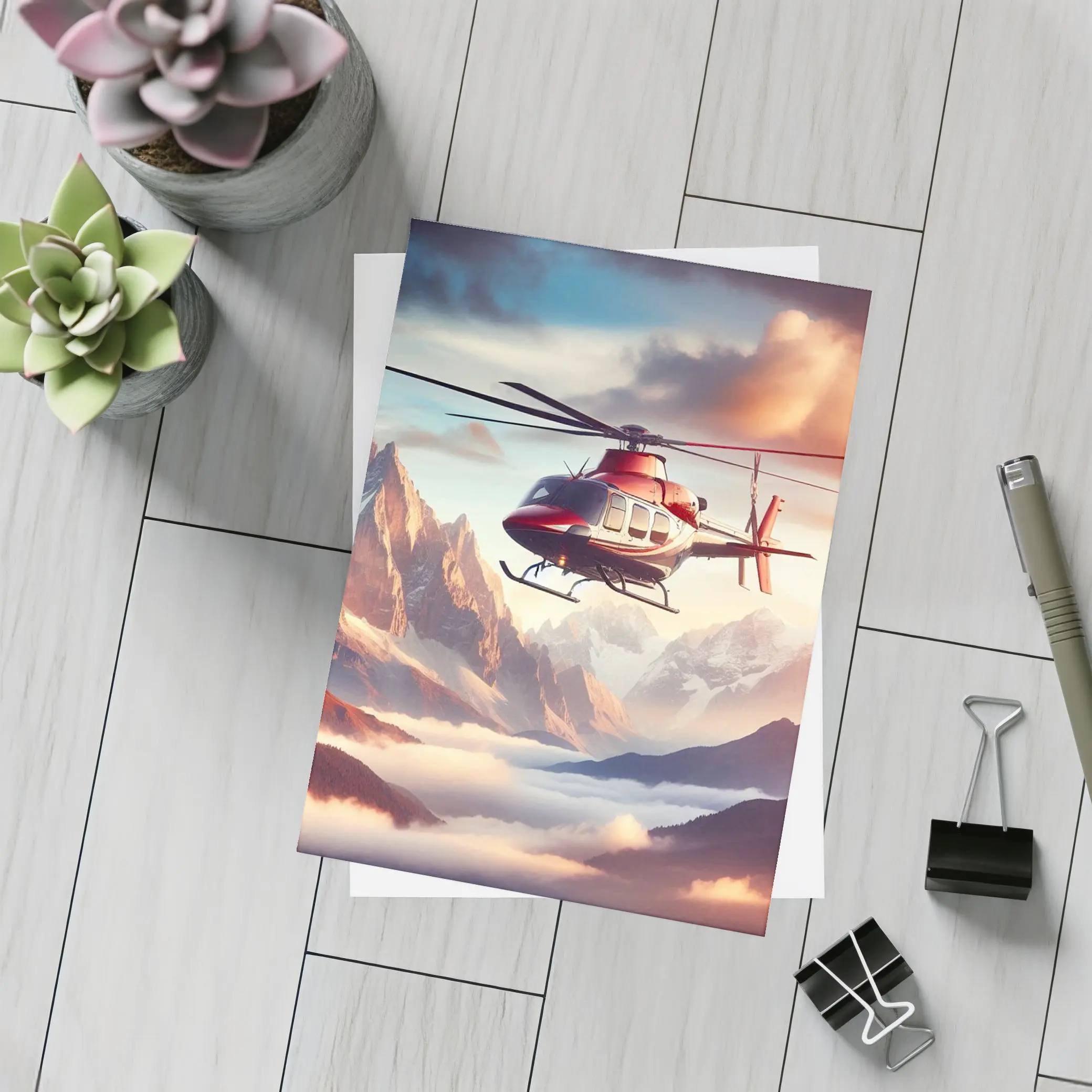 Red Helicopter Flying Over Mountain Peaks – Postcards