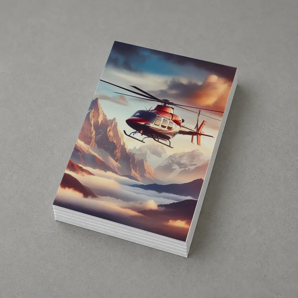 Red Helicopter Flying Over Mountain Peaks – Postcards