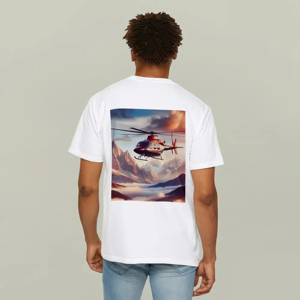Red Helicopter Flying Over Mountain Peaks – T-Shirts