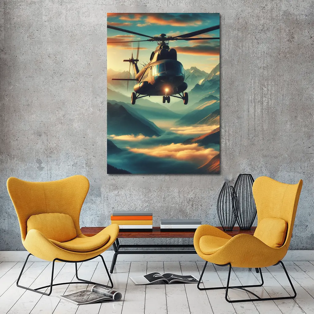 Military Helicopter Flying Over Mountain Clouds – Wall Art