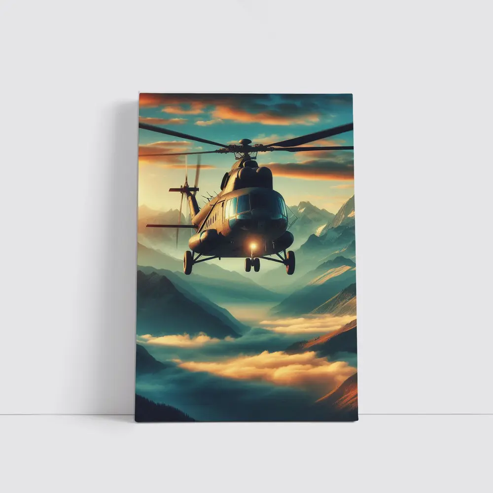 Military Helicopter Flying Over Mountain Clouds – Wall Art
