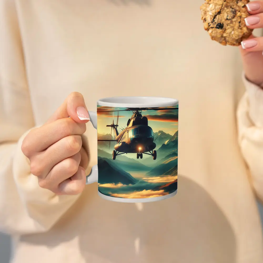Military Helicopter Flying Over Mountain Clouds – Mugs