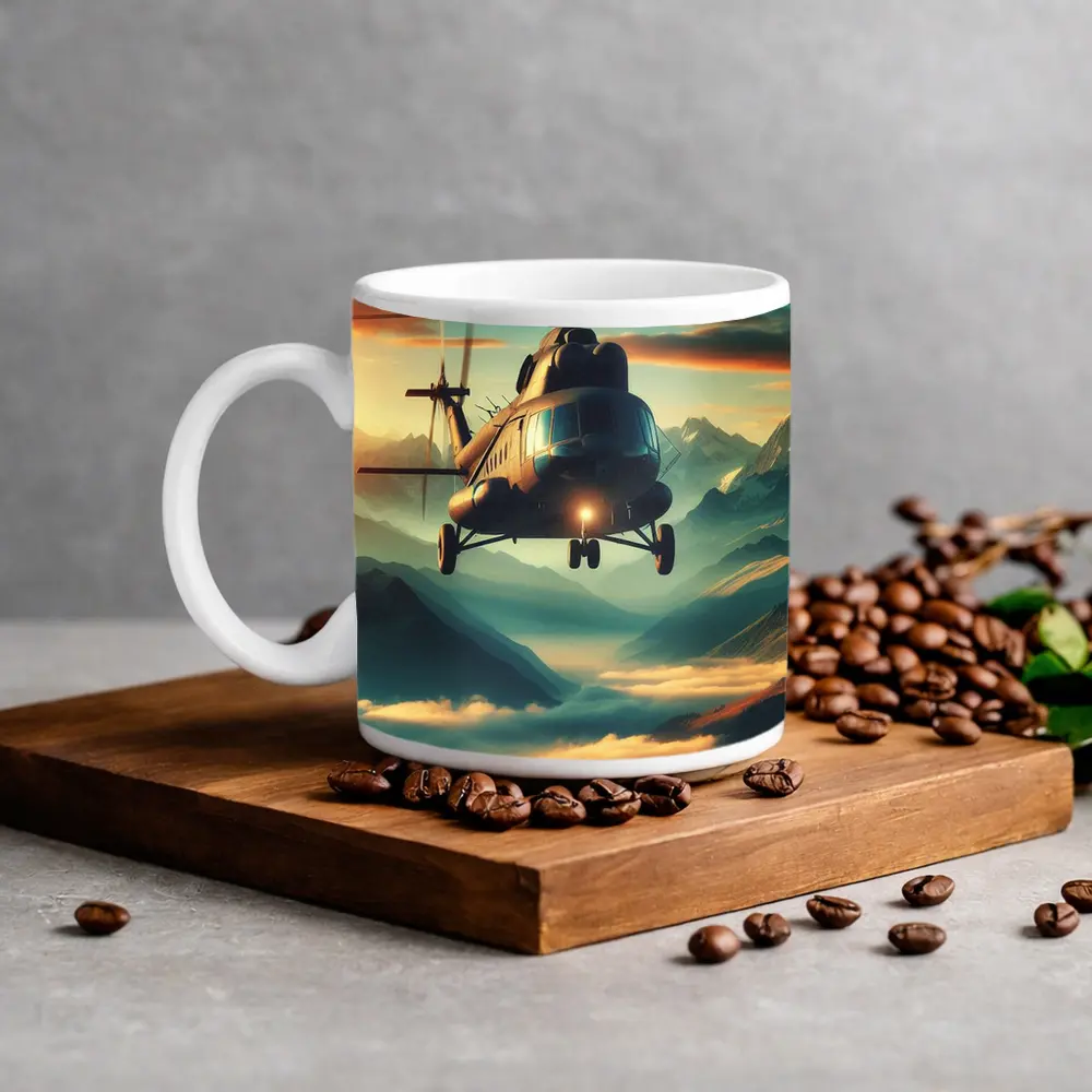 Military Helicopter Flying Over Mountain Clouds – Mugs