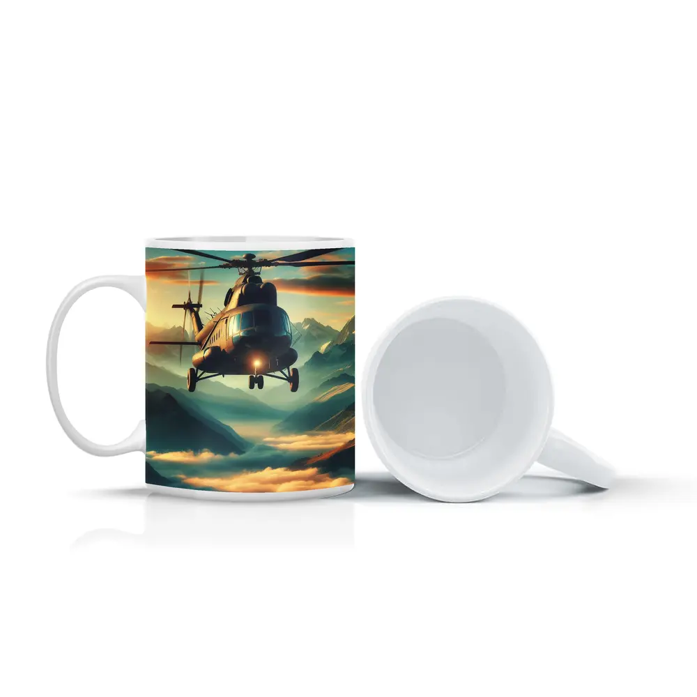Military Helicopter Flying Over Mountain Clouds – Mugs