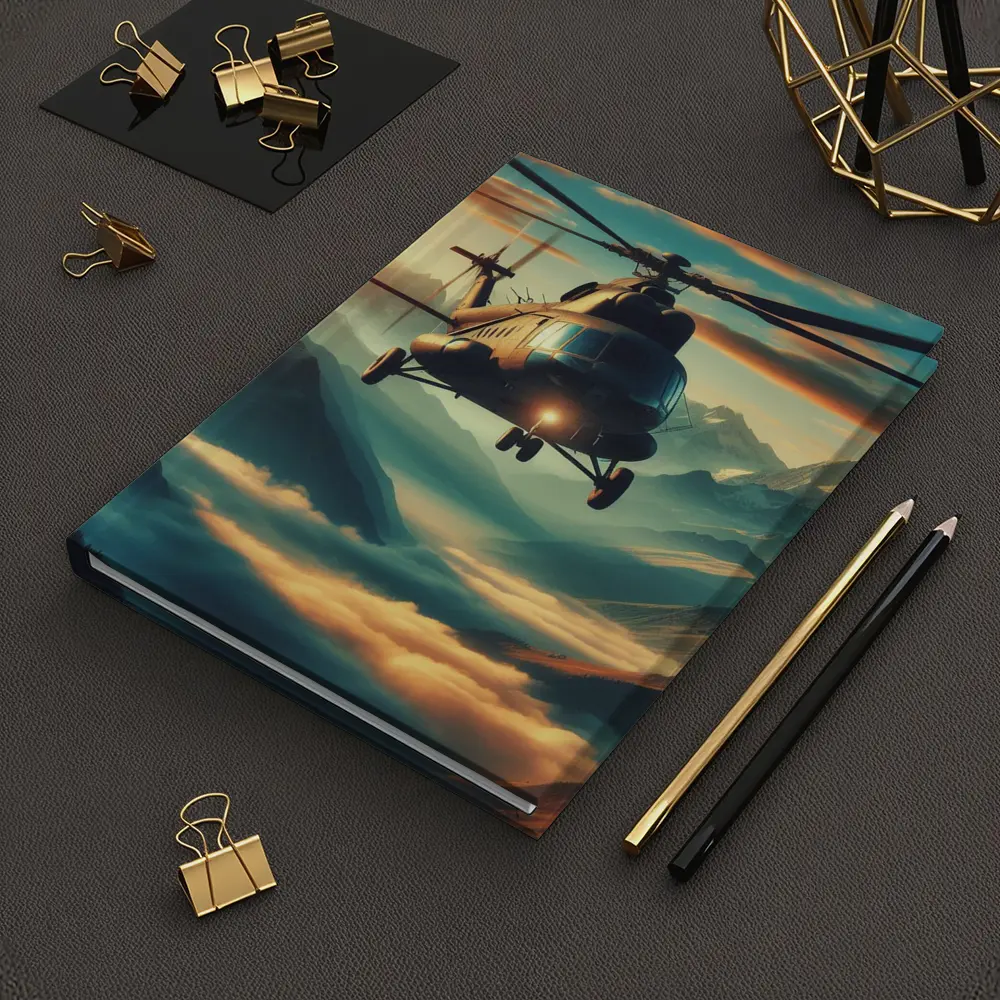 Military Helicopter Flying Over Mountain Clouds – Notebooks