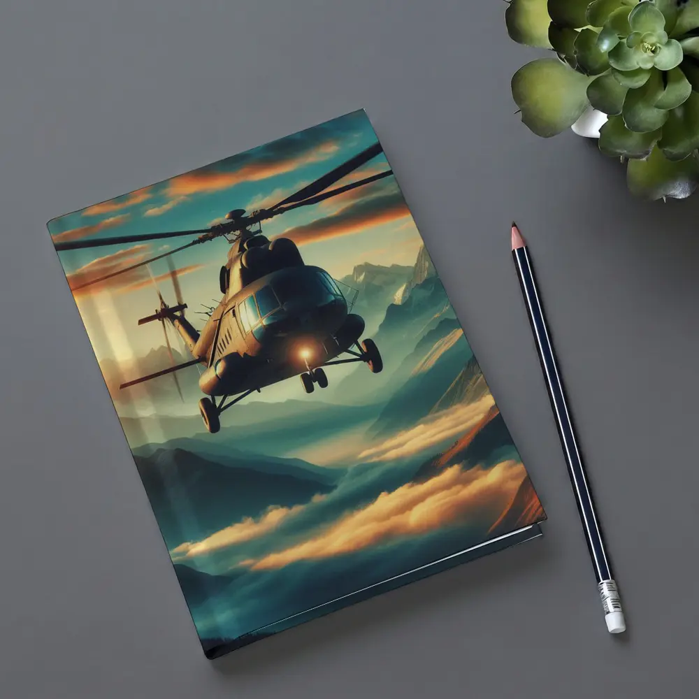 Military Helicopter Flying Over Mountain Clouds – Notebooks