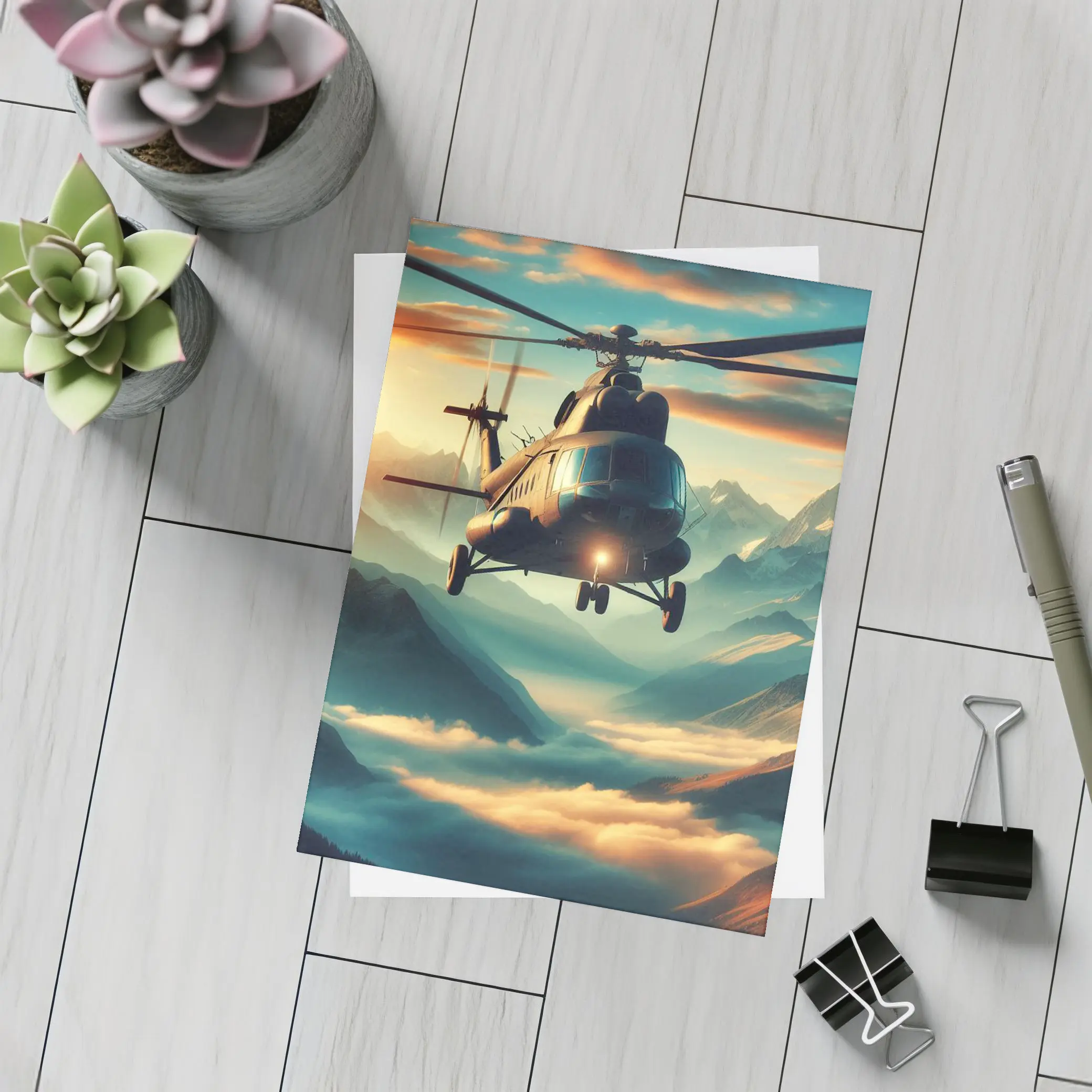 Military Helicopter Flying Over Mountain Clouds – Postcards