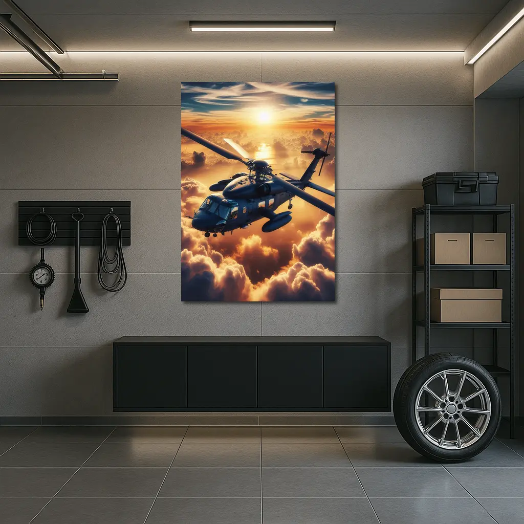 Military Helicopter Flying Above Golden Sunset Clouds – Wall Art