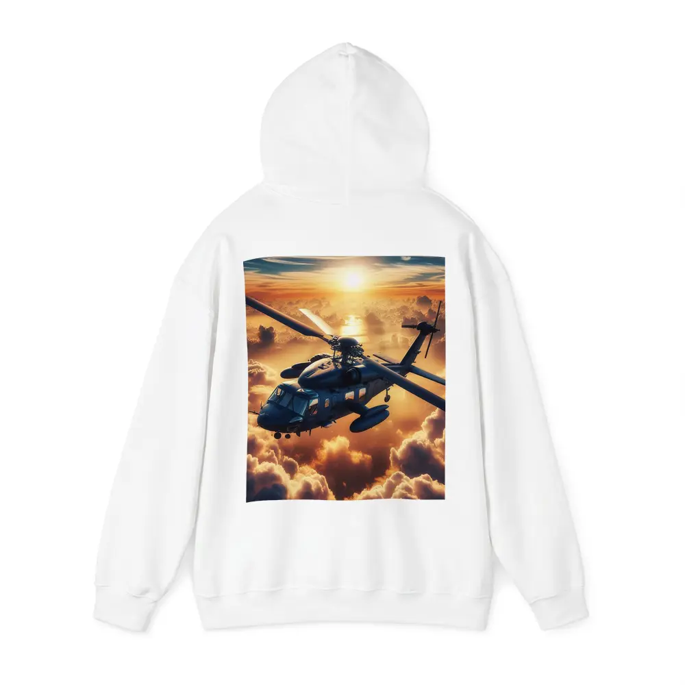 Military Helicopter Flying Above Golden Sunset Clouds – Hoodies