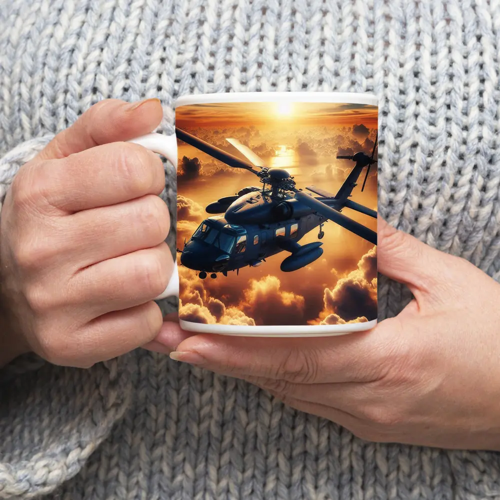 Military Helicopter Flying Above Golden Sunset Clouds – Mugs