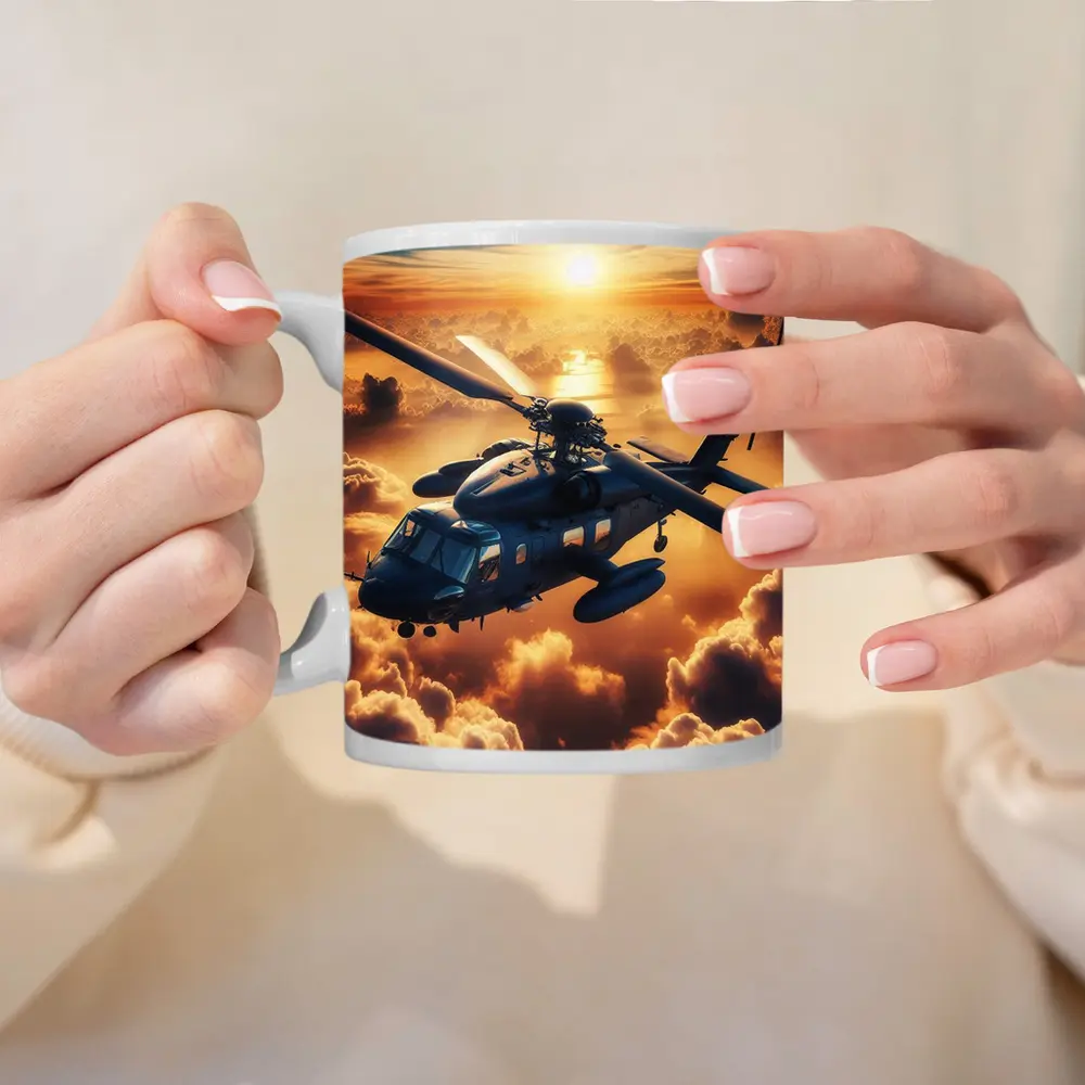 Military Helicopter Flying Above Golden Sunset Clouds – Mugs