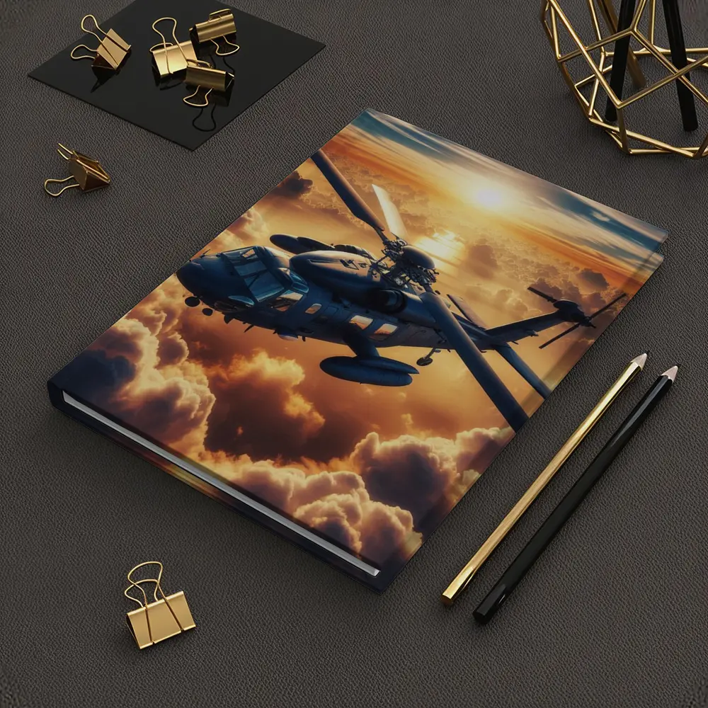 Military Helicopter Flying Above Golden Sunset Clouds – Notebooks