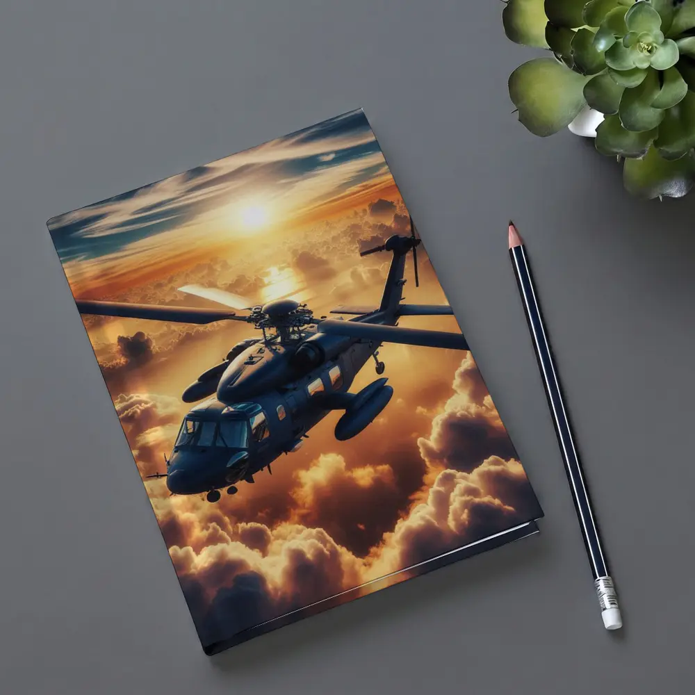 Military Helicopter Flying Above Golden Sunset Clouds – Notebooks