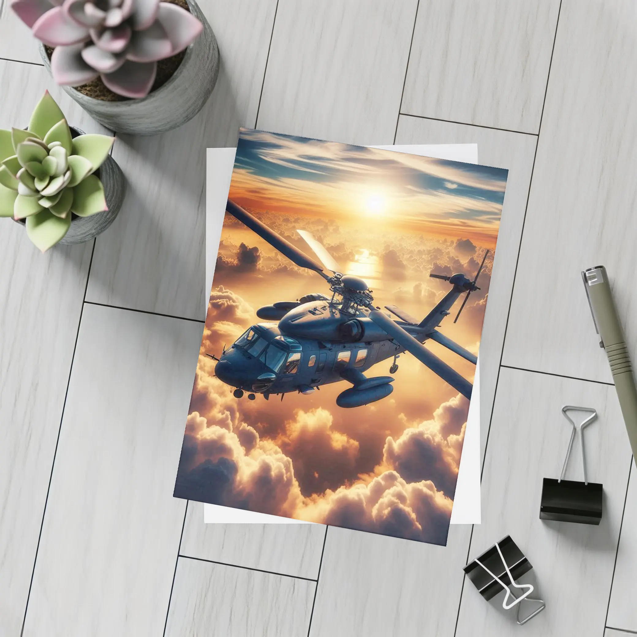 Military Helicopter Flying Above Golden Sunset Clouds – Postcards