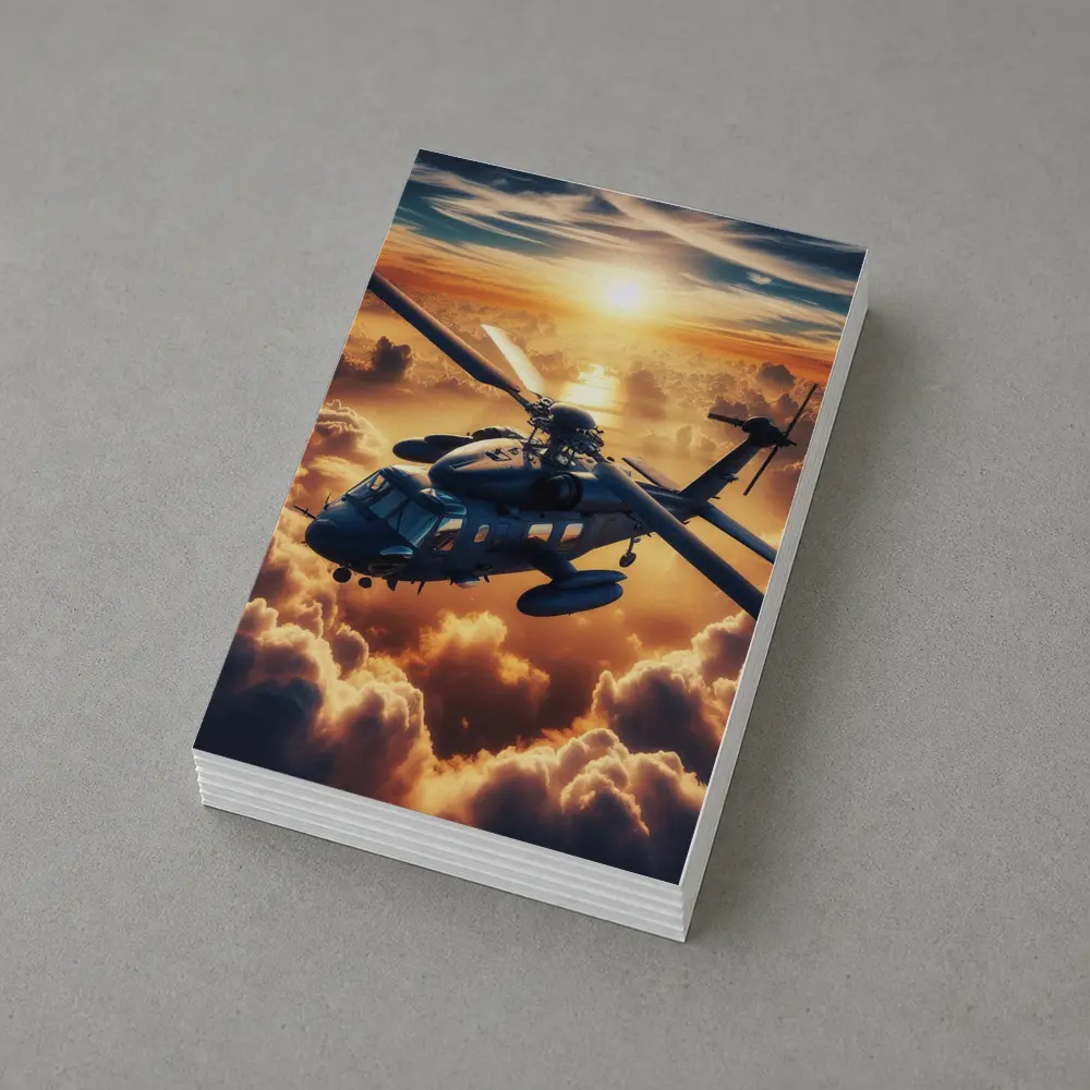 Military Helicopter Flying Above Golden Sunset Clouds – Postcards