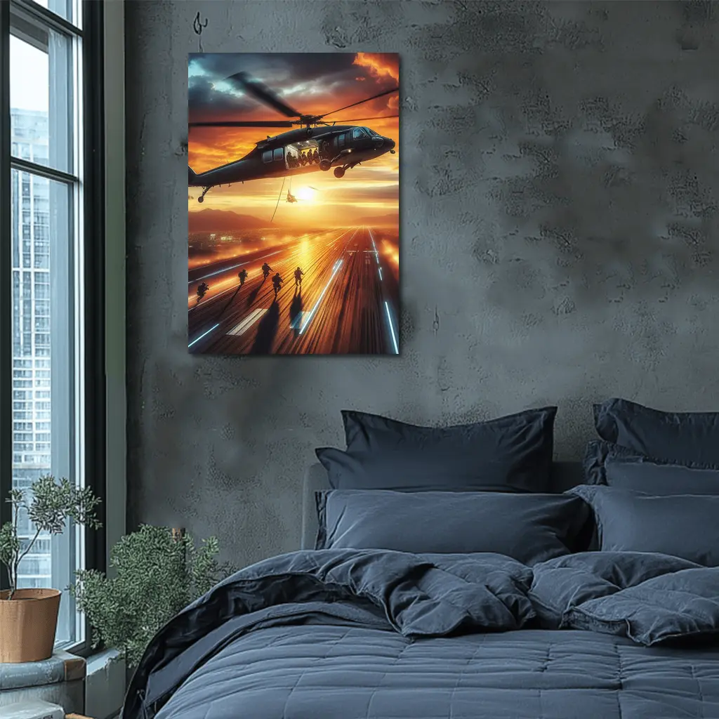 Military Helicopter Soldiers Runway Sunset Action – Wall Art