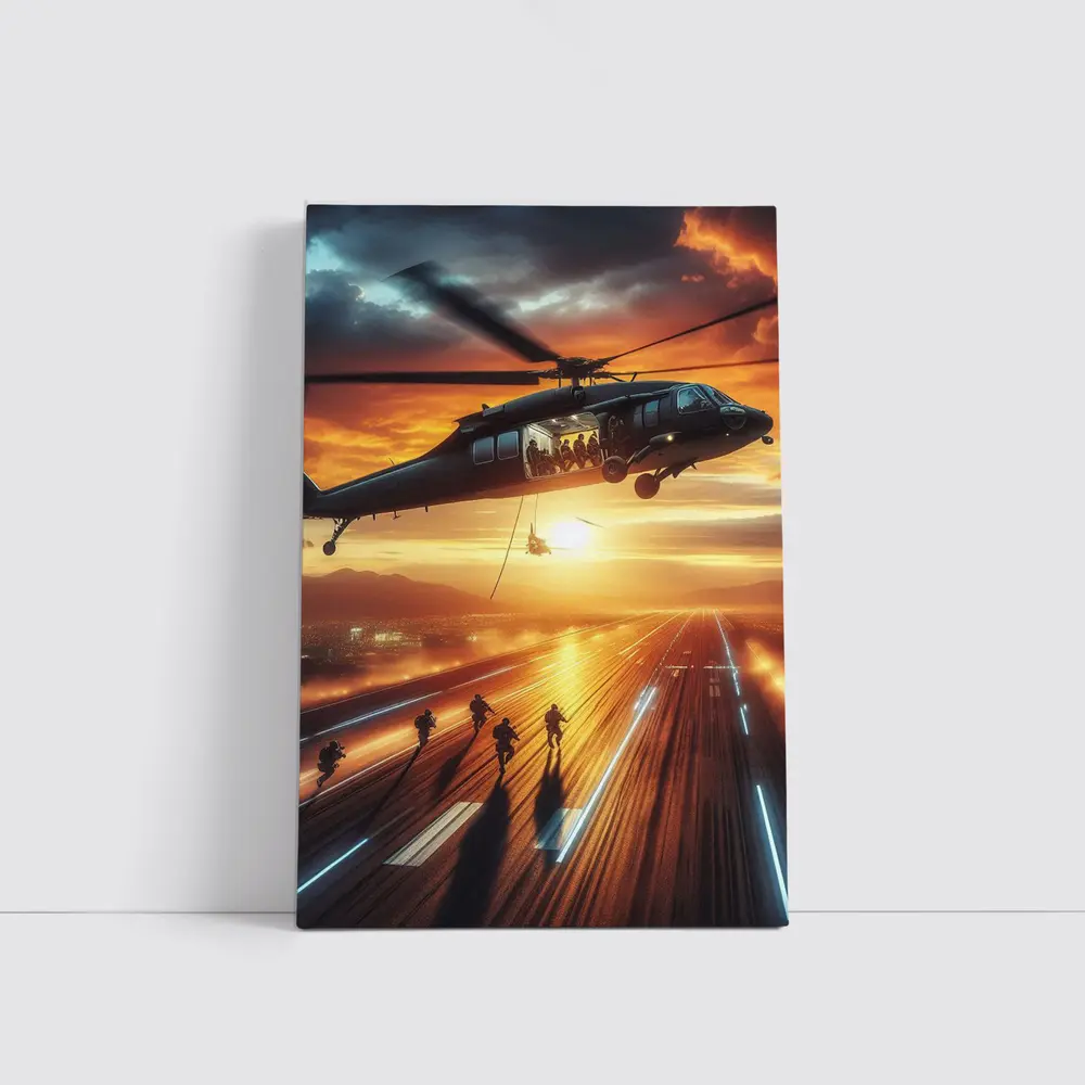 Military Helicopter Soldiers Runway Sunset Action – Wall Art