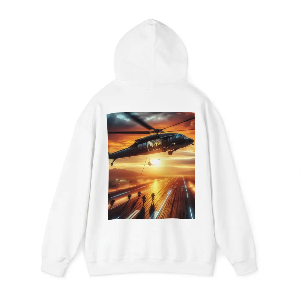 Military Helicopter Soldiers Runway Sunset Action – Hoodies