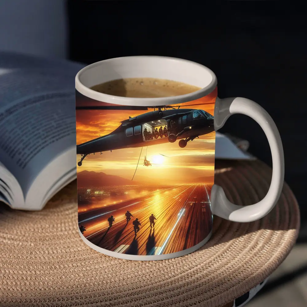 Military Helicopter Soldiers Runway Sunset Action – Mugs