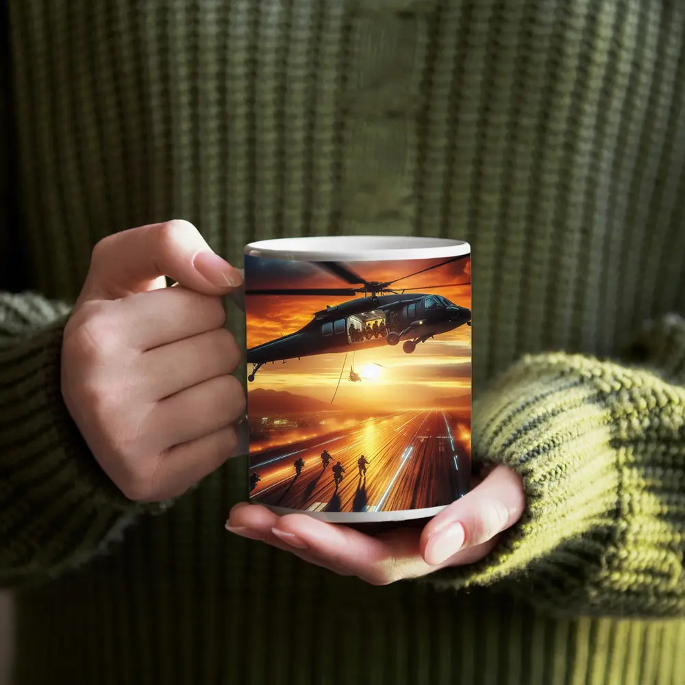 Military Helicopter Soldiers Runway Sunset Action – Mugs