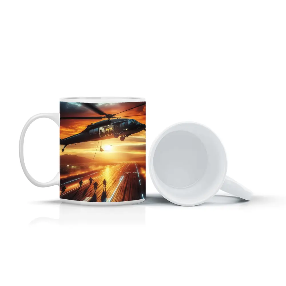 Military Helicopter Soldiers Runway Sunset Action – Mugs