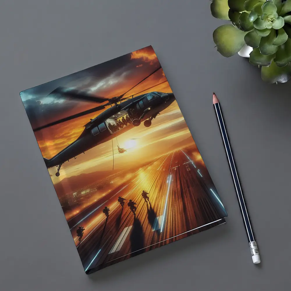 Military Helicopter Soldiers Runway Sunset Action – Notebooks