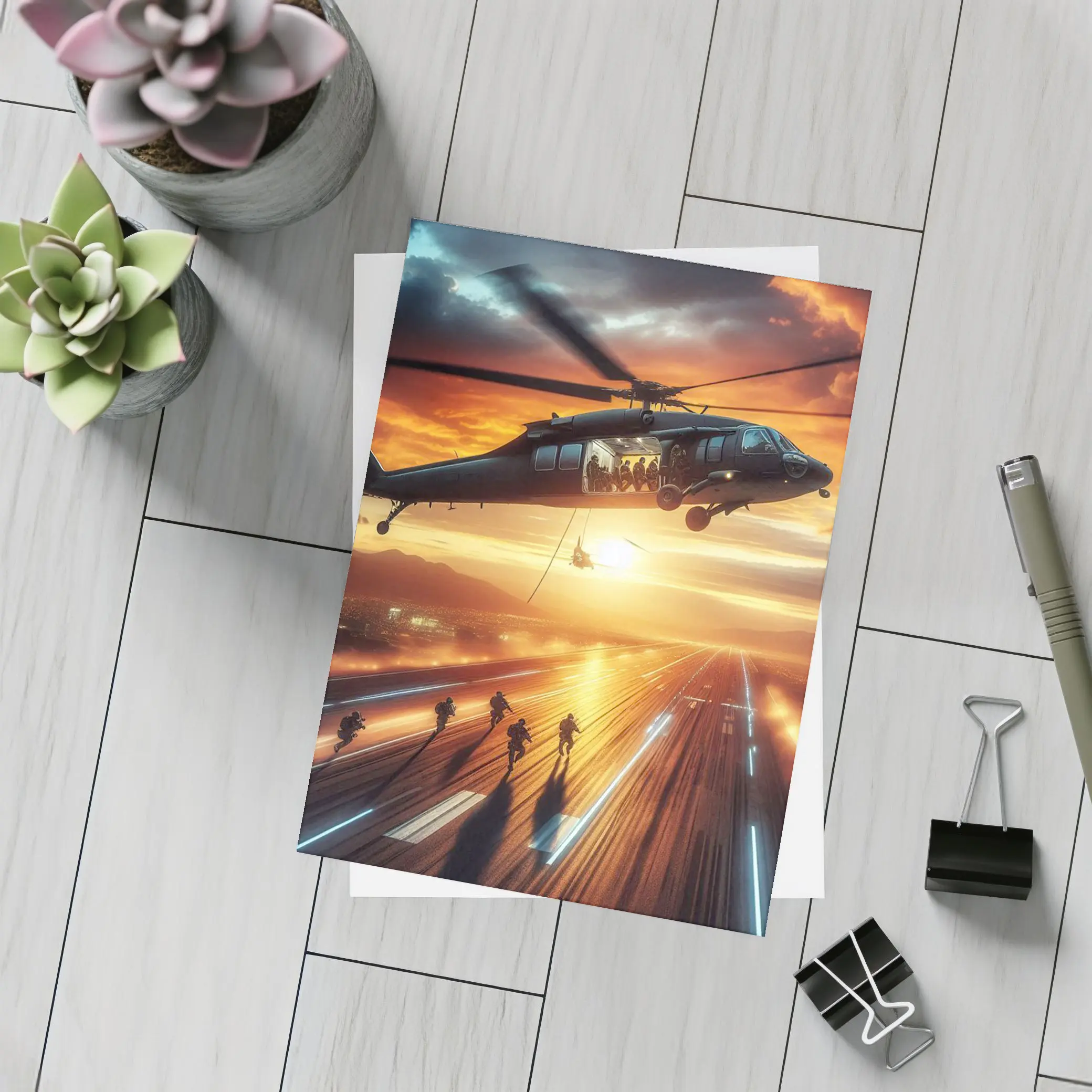 Military Helicopter Soldiers Runway Sunset Action – Postcards