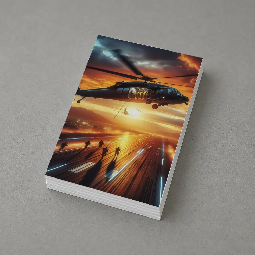 Military Helicopter Soldiers Runway Sunset Action – Postcards