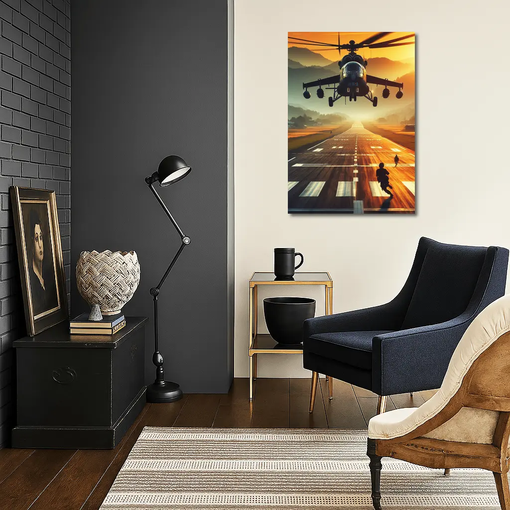 Military Helicopter Low Flying Runway Sunset – Wall Art
