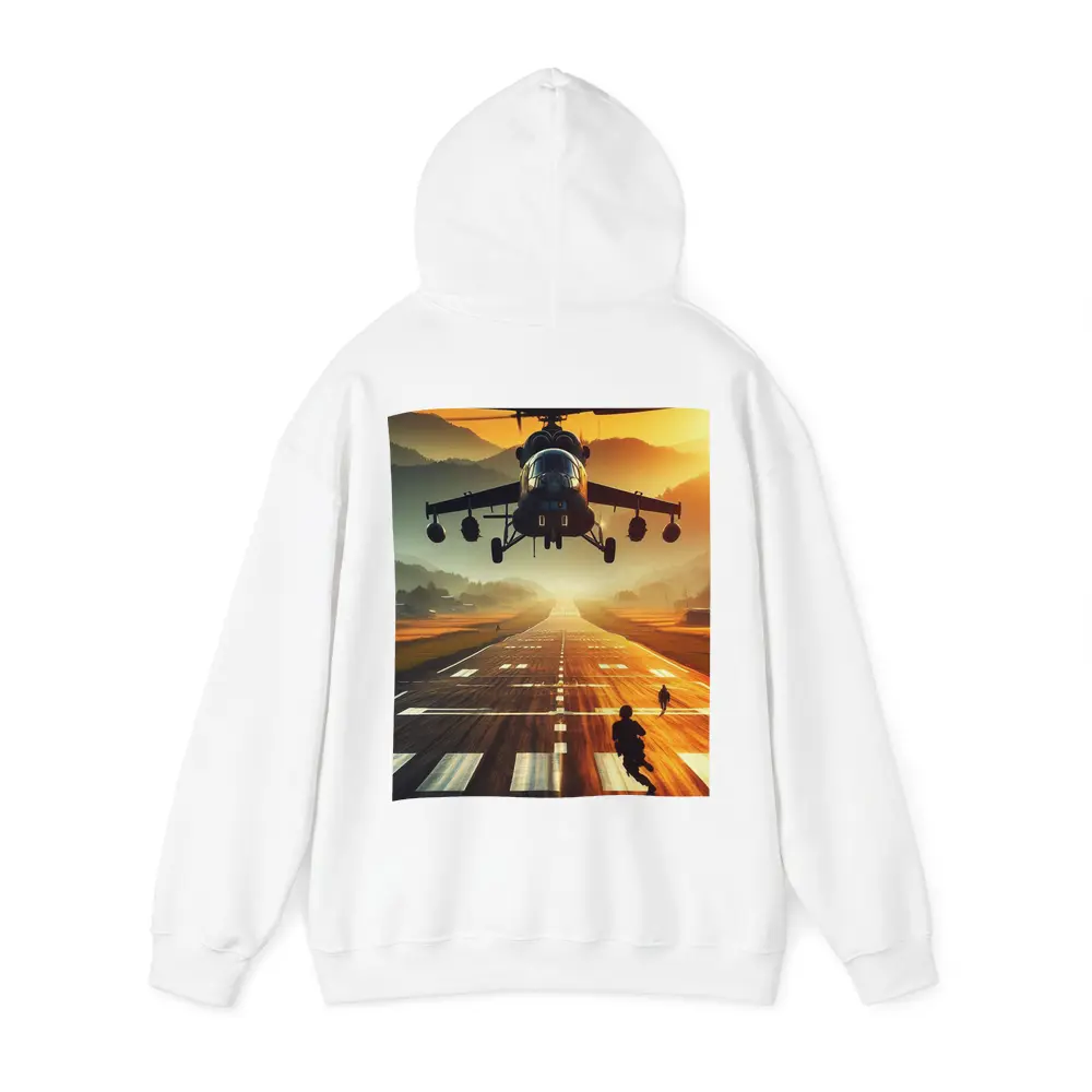 Military Helicopter Low Flying Runway Sunset – Hoodies