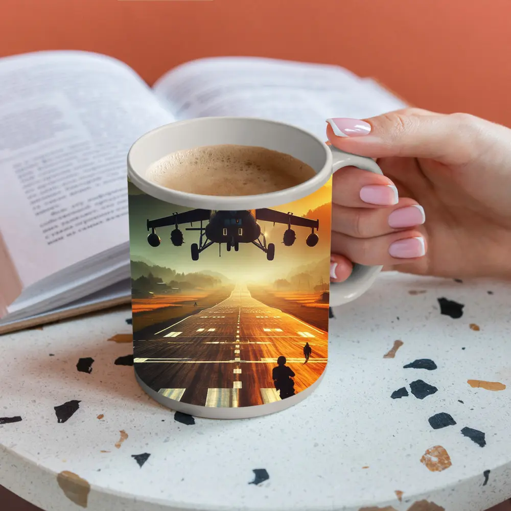 Military Helicopter Low Flying Runway Sunset – Mugs