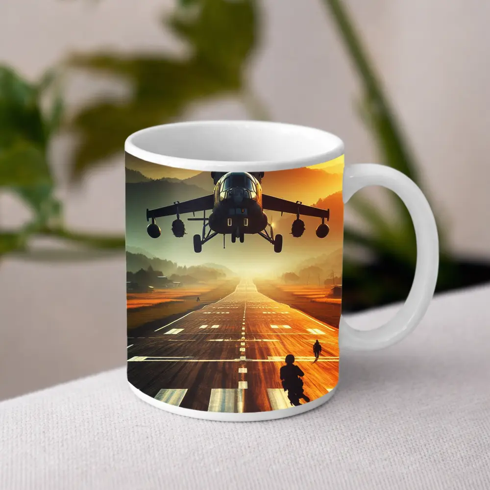 Military Helicopter Low Flying Runway Sunset – Mugs