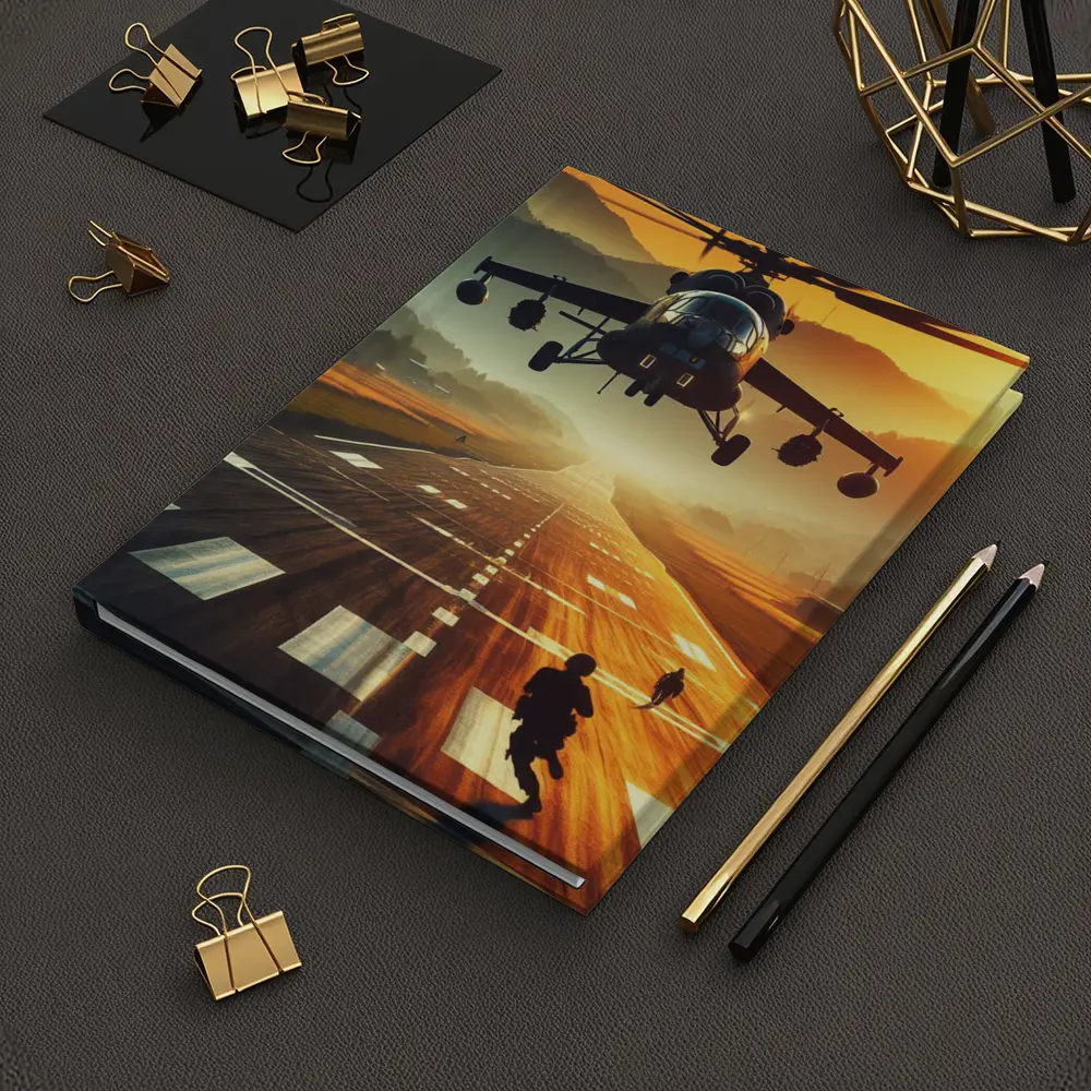 Military Helicopter Low Flying Runway Sunset – Notebooks