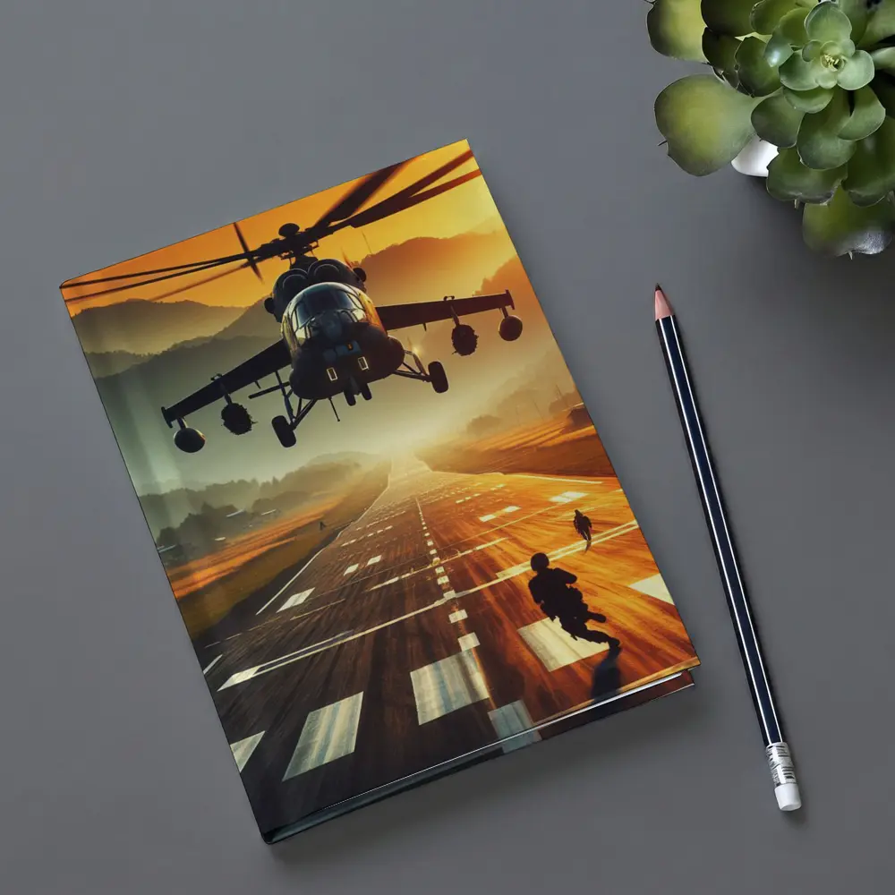 Military Helicopter Low Flying Runway Sunset – Notebooks