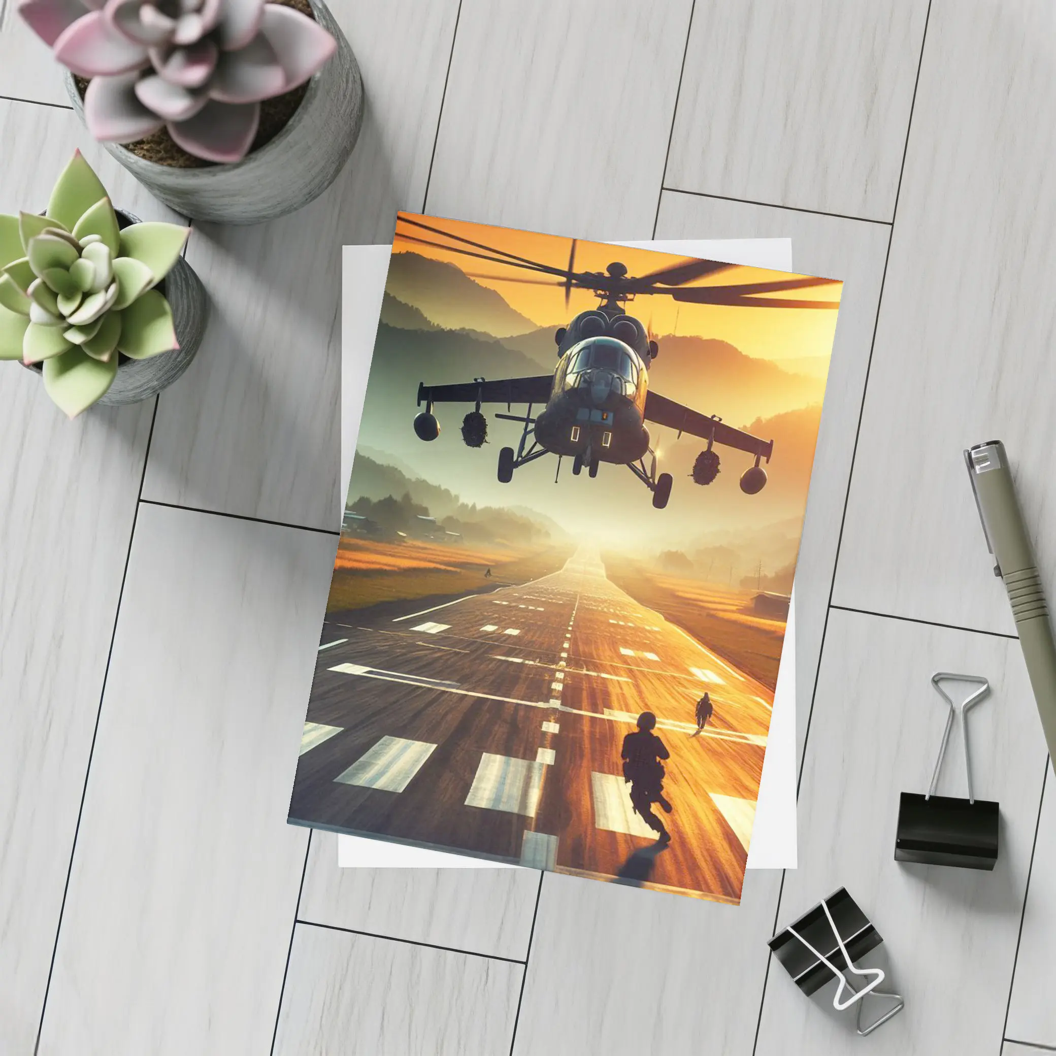 Military Helicopter Low Flying Runway Sunset – Postcards