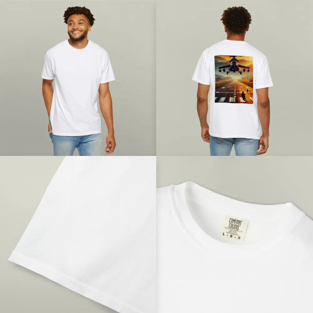 Military Helicopter Low Flying Runway Sunset – T-Shirts
